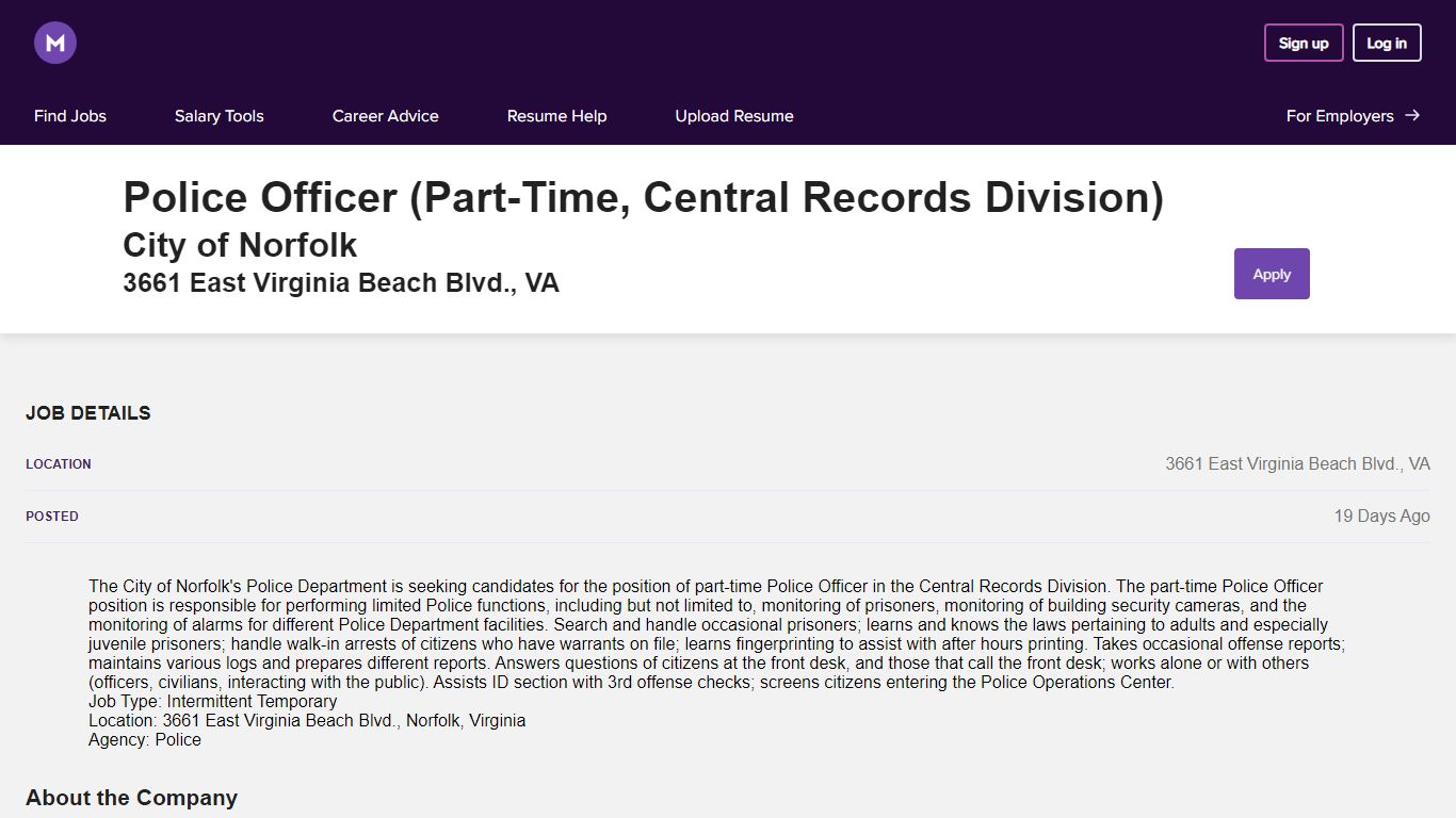 Police Officer (Part-Time, Central Records Division) - City of Norfolk